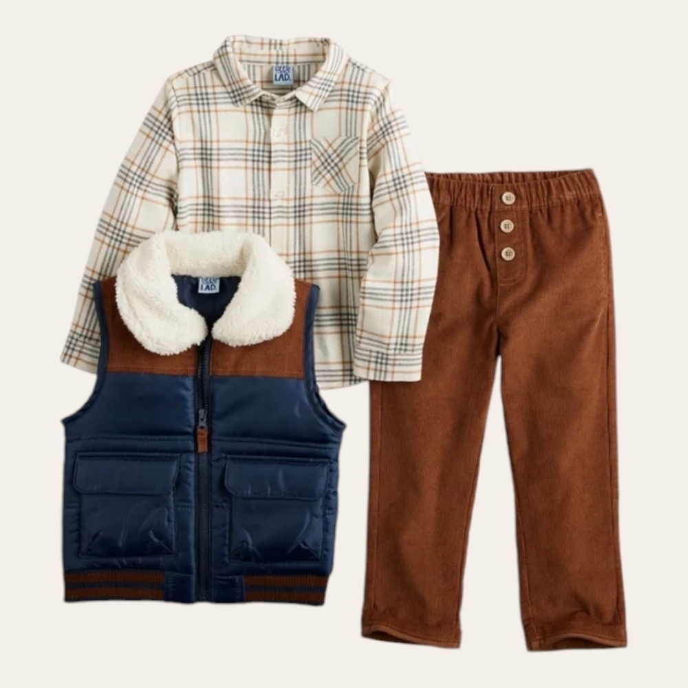 Little Lad Sherpa Collar Puffer Vest Flannel Shirt & Corduroy‎ Pant Set 18 M NWT